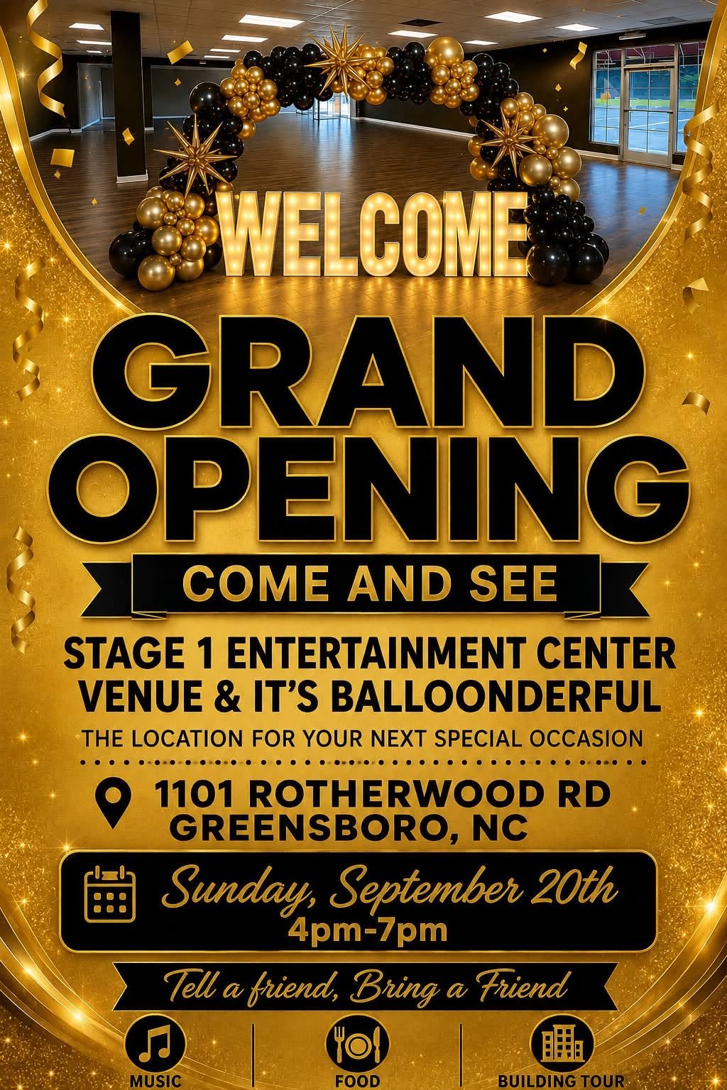 Grand Opening flyer for Stage 1 Entertainment Center, Sunday, September 20, 2026, 4pm to 7pm, at 1101 Rotherwood Road, Greensboro, North Carolina.