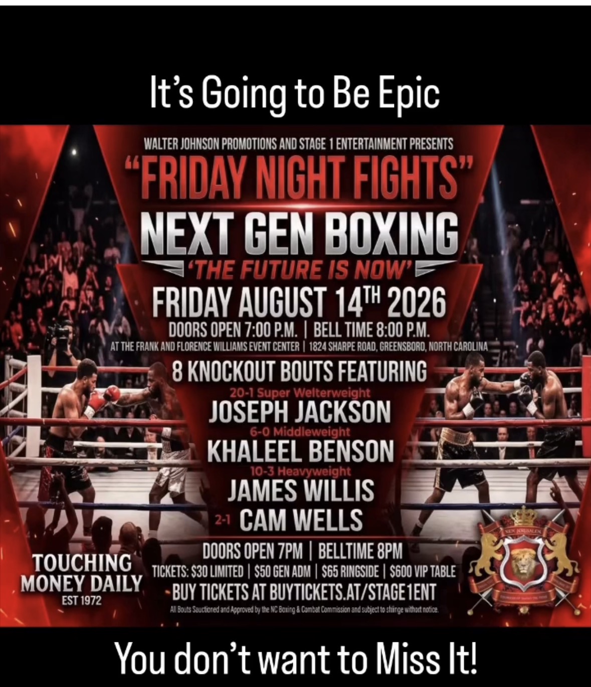 Friday Night Fights: Next Gen Boxing — The Future Is Now, Friday, August 14, 2026 at the Frank and Florence Williams Event Center in Greensboro, North Carolina.
