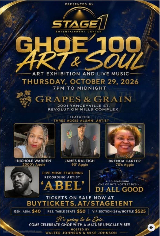 GHOE 100: Art & Soul — art exhibition and live music, Thursday, October 29, 2026 at Grapes & Grain, Revolution Mills Complex, Greensboro, North Carolina.